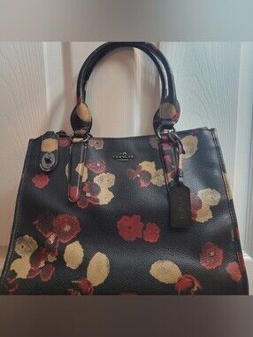 Coach Black Floral Leather Satchel with Red and Tan Accents